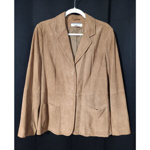 Real Clothes Saks Fifth Ave Womens 12 Tan Brown Suede Button Up Laced Hem Jacket
